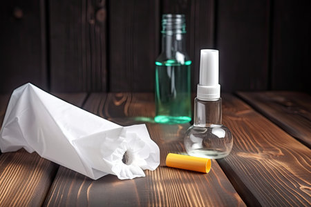 nose spray bottle and tissues on wooden table, created with generative aiの素材
