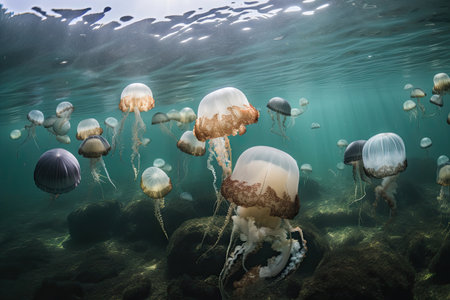 jellyfish swimming in pod, surrounded by other cnidarians, created with generative aiの素材