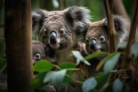 charming portrait of koala family, including mother and father, clambering through the trees, created with generative aiの素材