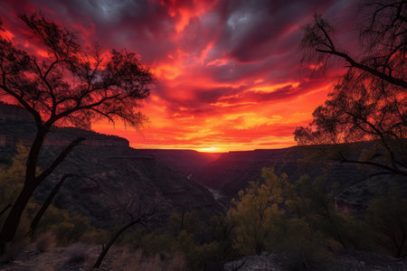 dramatic sunset over canyon, with fiery sky and silhouetted trees, created with generative aiの素材