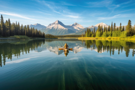 canoeist paddling through peaceful lake, with mountain peaks in the background, created with generative aiの素材