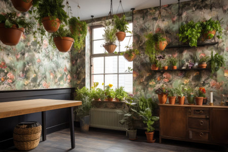 urban setting, with floral print wallpaper and plants in hanging pots, created with generative aiの素材