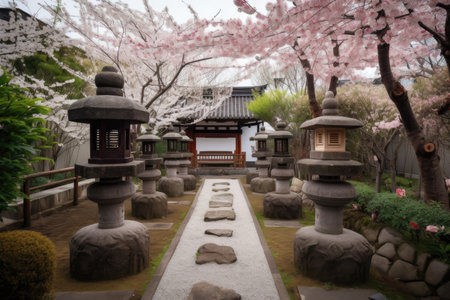 cherry blossom garden, with stone lanterns and bamboo surround, created with generative aiの素材