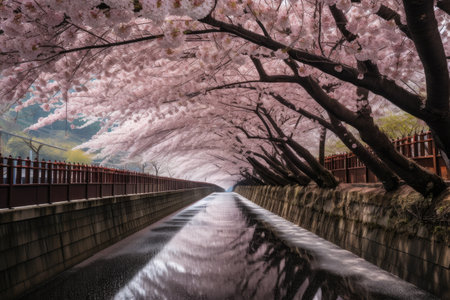 cherry blossom tunnel, with blooms in full bloom, creating a breathtaking view, created with generative aiの素材