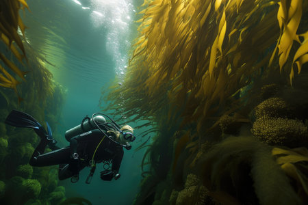 diver swimming through kelp forest, observing schools of fish and other marine life, created with generative aiの素材