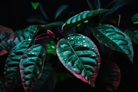 close-up of neon plant with droplets of water on leaves, created with generative aiの素材