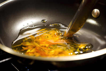 close-up of a frying pan, with sizzling oil and shimmering heat, created with generative aiの素材