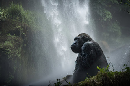 gorilla in waterfall, with misty spray and waterfalls, created with generative aiの素材