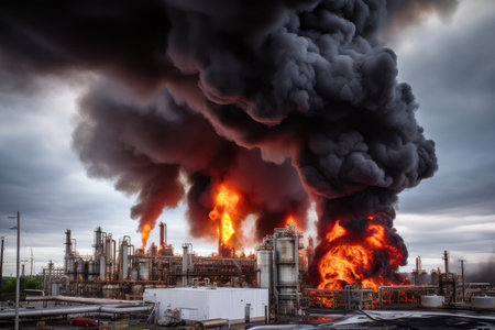 chemical plant, with smoke and flames emerging from the stacks, created with generative aiの素材