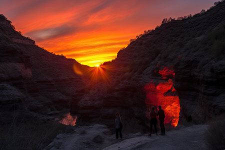 fiery canyon sunsets, with silhouetted figures enjoying the view, created with generative aiの素材