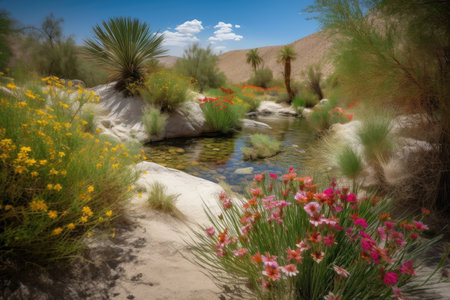 desert oasis with babbling brook and colorful blooms in the foreground, created with generative aiの素材