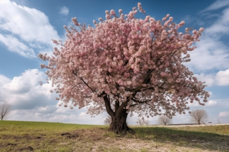 cherry blossom tree with blooming flowers in warm spring day, created with generative aiの素材