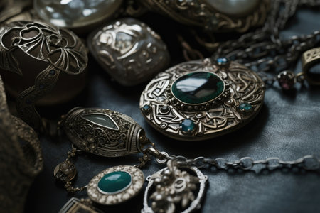 close-up of jewelry pieces, with fine details visible, created with generative aiの素材