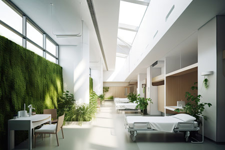 modern hospital, with sleek and minimalist design, featuring plenty of natural light and greenery, created with generative aiの素材