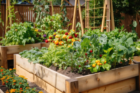edible garden with a variety of fruits, vegetables, and herbs, created with generative aiの素材