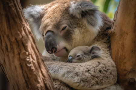 mother koala with her joey clinging to her in a eucalyptus tree, created with generative aiの素材