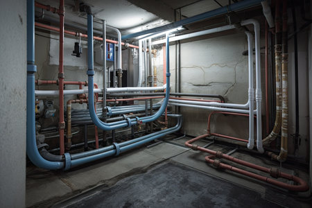 geothermal heating system, piping hot water running through the house, created with generative aiの素材