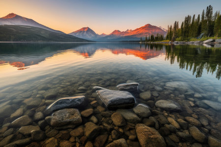 crystal-clear lake at sunrise, with majestic mountains in the background, created with generative aiの素材