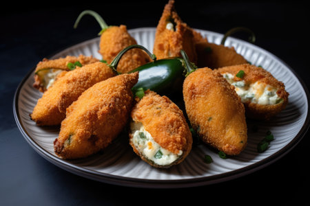 plate of jalapeno poppers, filled with cream cheese and ready to be fried, created with generative aiの素材