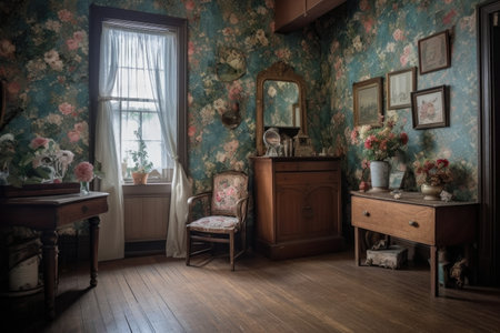 floral wallpaper in vintage-inspired room with wooden floors and metal accents, created with generative aiの素材