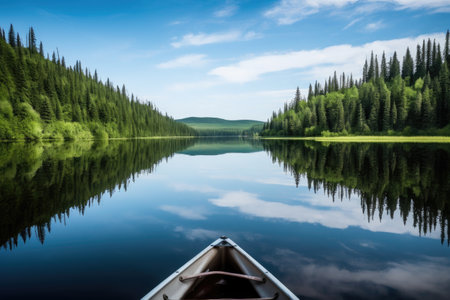 canoe and kayak being paddled through calm, serene lake, created with generative aiの素材