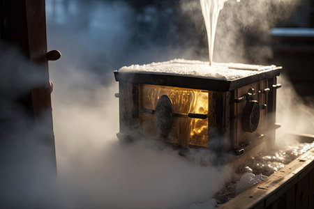 close-up of maple sap evaporator, with steam rising from warm water, created with generative aiの素材