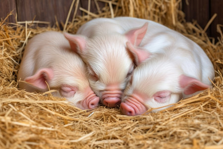 three little piglets, each one curled up in its own warm corner, created with generative aiの素材
