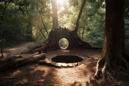a circle carved into a tree, with the light shining through, created with generative aiの素材