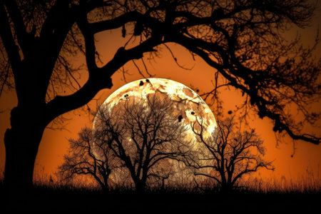 close-up of a harvest moon, with the silhouette of trees in the background, created with generative aiの素材