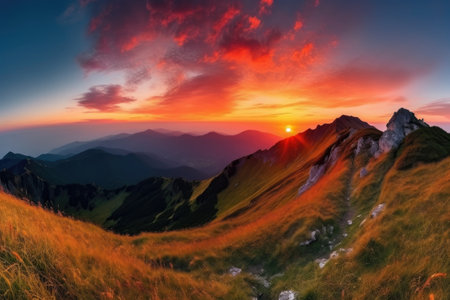 majestic mountain landscapes with view of colorful sunset and the sky, created with generative aiの素材