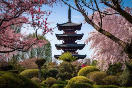 majestic pagoda amidst lush gardens in springtime, with cherry blossoms in full bloom, created with generative aiの素材