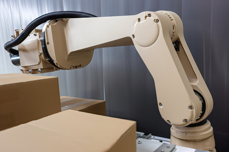 close-up of robotic arm, handling and palletizing boxes, created with generative aiの素材