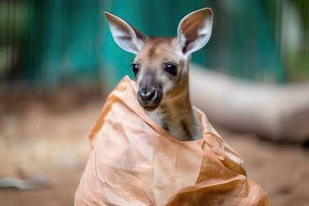 baby kangaroo with its head and front paws out of the pouch, looking around, created with generative aiの素材
