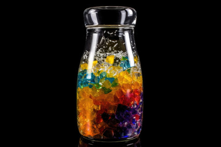 glass cocktail shaker, with a mix of vibrant colors and ingredients, against black background, created with generative aiの素材