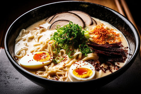 close-up of creamy tonkotsu broth with perfectly cooked noodles and toppings, created with generative aiの素材
