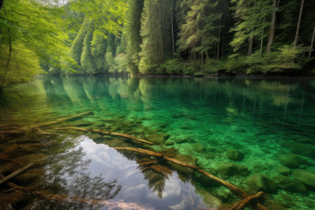 crystal-clear lake surrounded by lush green forest, created with generative aiの素材