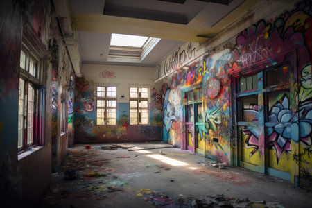 graffiti sprayer artist bringing vibrant colors and artwork to derelict hospital, created with generative aiの素材