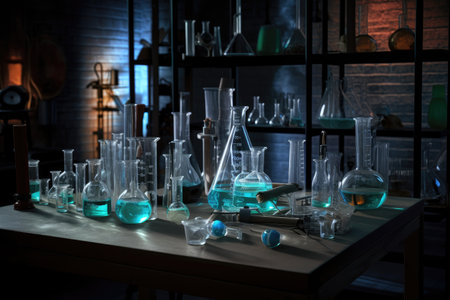 science lab with beakers and flasks, tubing and other accessories, created with generative aiの素材