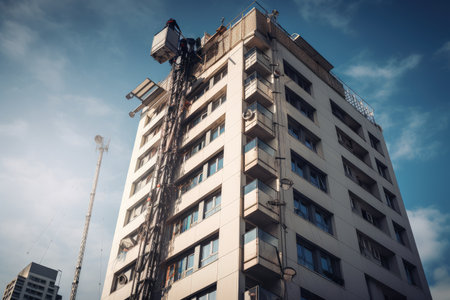 5g network installation team setting up antennas and equipment on high-rise building, created with generative aiの素材