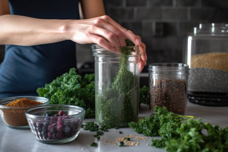 person, mixing smoothie with kale, blueberries, and flaxseed for a boost of vitamins and minerals, created with generative aiの素材