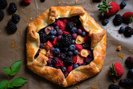 rustic fruit tart with flaky pastry and handful of fresh berries, created with generative aiの素材
