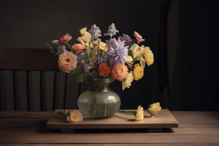 pastel flowers in vase on sleek wooden table, created with generative aiの素材