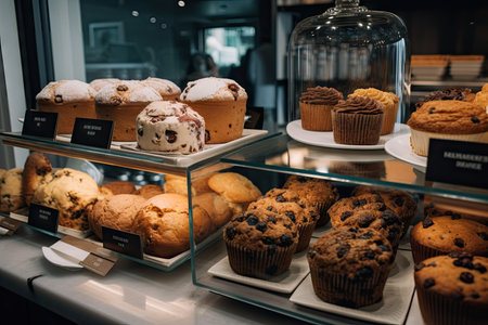 gluten-free and vegan muffins, cupcakes, and scones displayed in bakery window, created with generative aiの素材