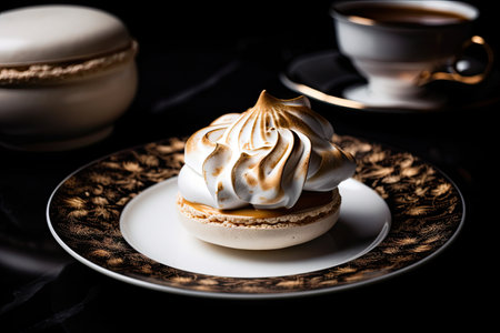 plate of creamy macaron, topped with decadent swirl of meringue, created with generative aiの素材
