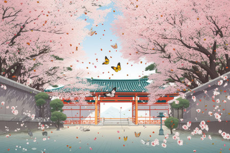 cherry blossom garden, with blooms in full bloom and butterflies fluttering among them, created with generative aiの素材
