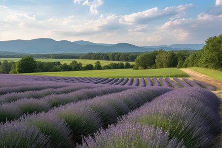 lavender field, with view of rolling hills and mountains in the background, created with generative aiの素材