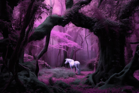 enchanting purple forest with mystical creatures, like unicorns and dragons, created with generative aiの素材