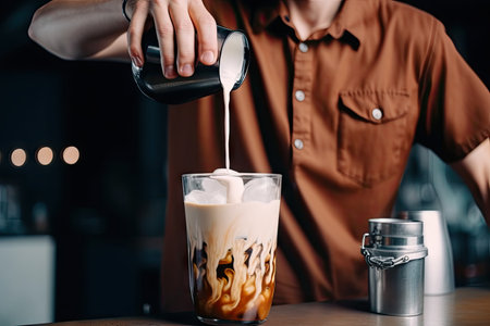 barista, stirring creamy mix of cold brew coffee and milk for iced latte, created with generative aiの素材