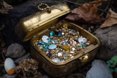 geocache hunt with a treasure full of gold and jewels, created with generative aiの素材