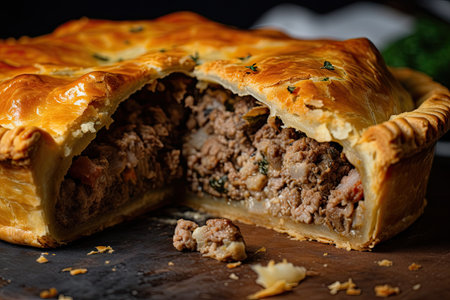 close-up of meat pie, with flaky crust and juicy filling visible, created with generative aiの素材
